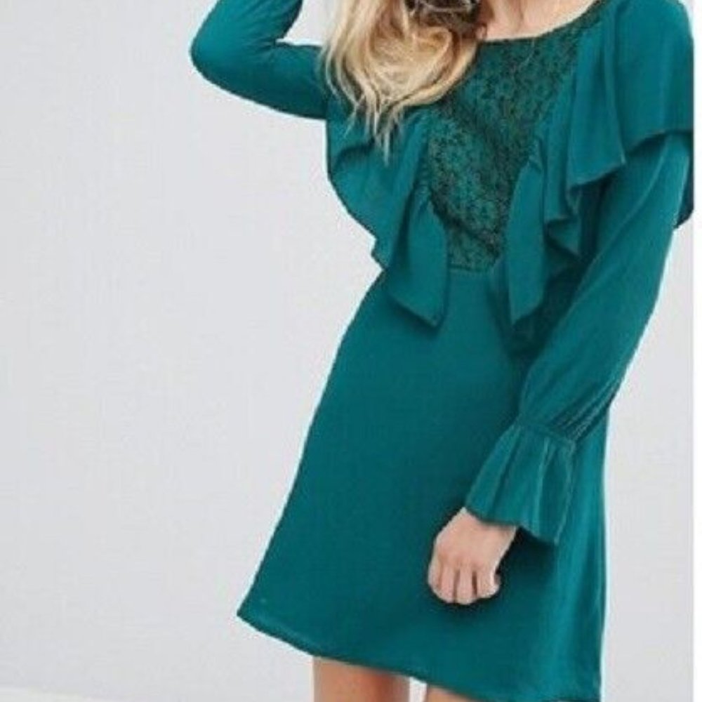 Asos Size US 4 UK 8 Emerald Green Ruffle Long Sleeve Dress By Rage